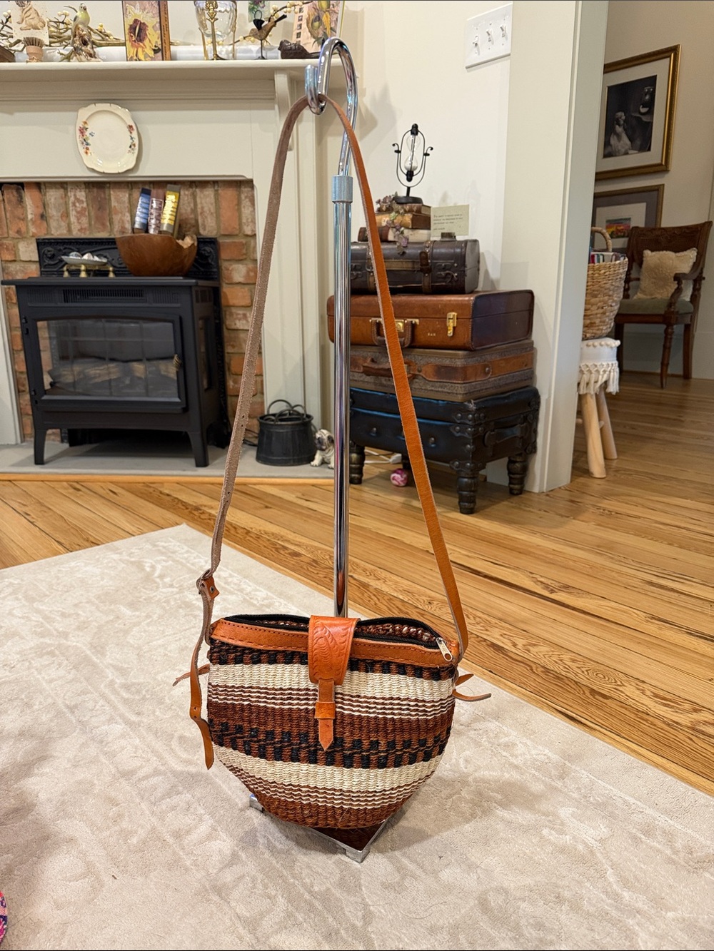 Sisal and Leather African
Sling Bag, w/ Horizontal Stripes & Vertical Stitching